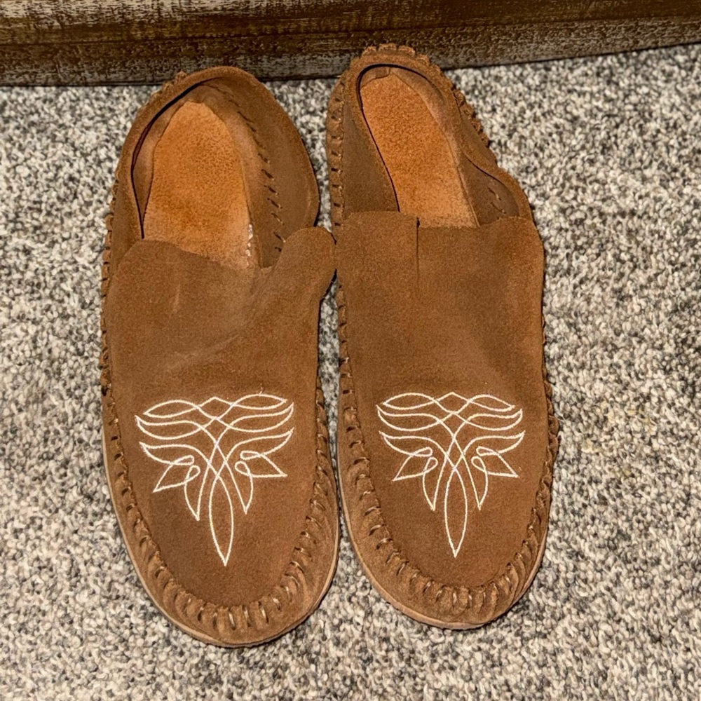 Broncy Donkey Moccasins 
Brown Suede Moccasins Embroidered Boot Stitch Design